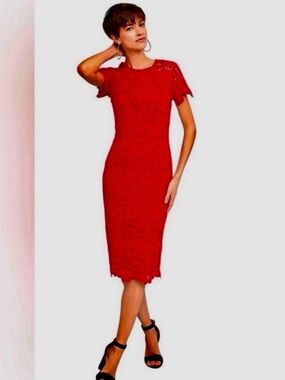 Anthropologie Shoshanna Red Embroidered Cotton Lace Sheath Midi  Dress 2